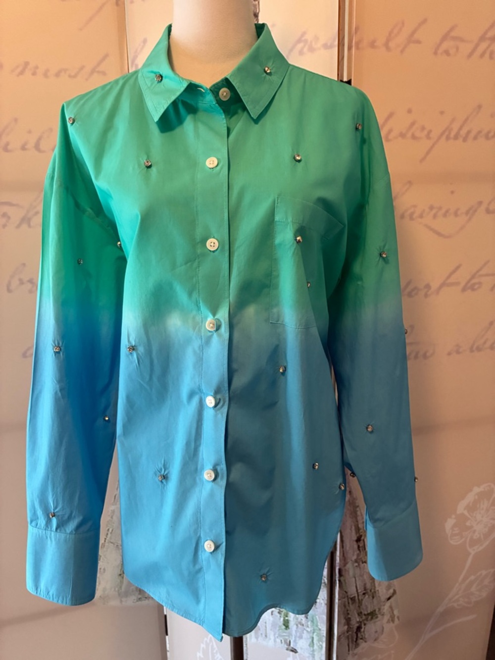 New On 34th Embellished Ombre Button-Up Blouse - Green/Blue New Without tag